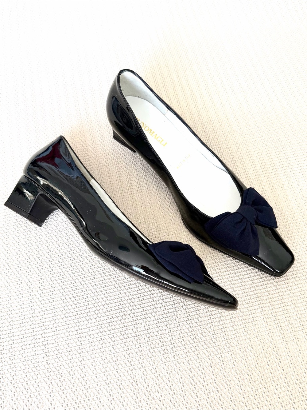 Bruno Magli Black Patent Leather Kitten block heel Flats with Navy Bow